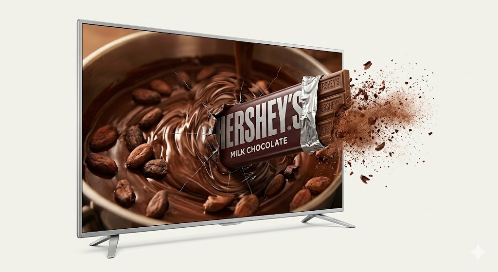Glasses-Free 3D Display featuring a Hershey's Milk Chocolate bar bursting from a television screen